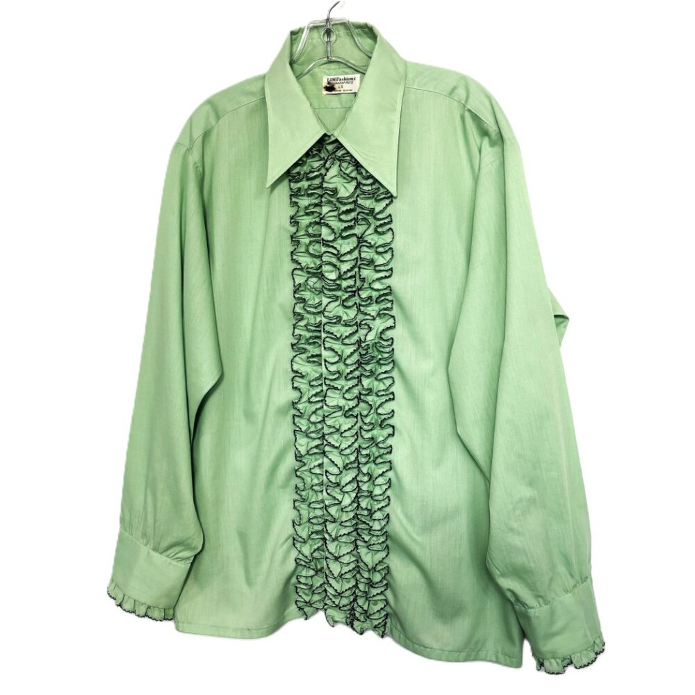 Vintage 70s Green Ruffle Men’s Tuxedo Shirt L & M Fashions Large